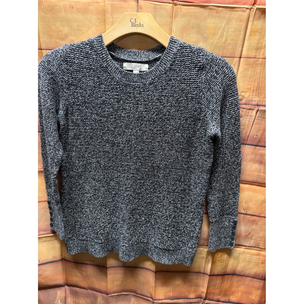 Loft  Button Sleeve Woman Pullover Knit Sweater L Black/White Knit M2 100%Cotton